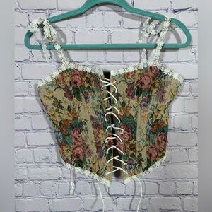 Womens Floral & Lace Corset Sleeveless Top Tan Sz S Coquette Cottagecore Carpet